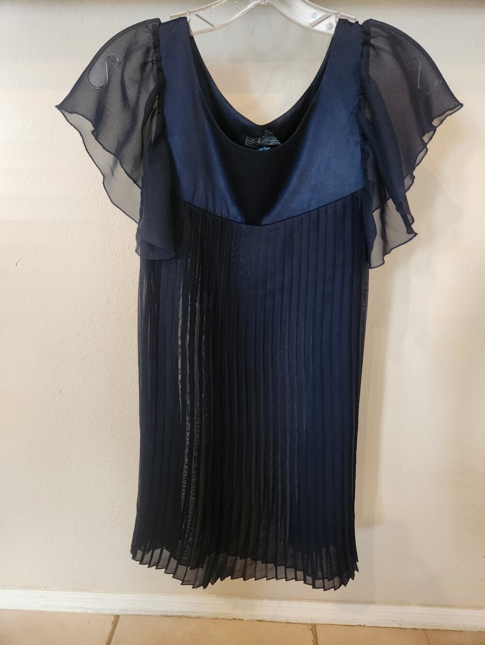 Forever 21 Dark Blue Satin Top with Pleated Sheer Bottom Accent